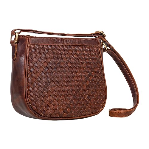 Sac à bandoulière tressé en cuir véritable marron Porto-Cognac