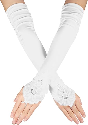 SAVITA Long Lace Gloves, Soft Fingerless Lace Gloves 1920s Opera Womens Sexy Long Satin for Bridal Wedding Women Masquerade