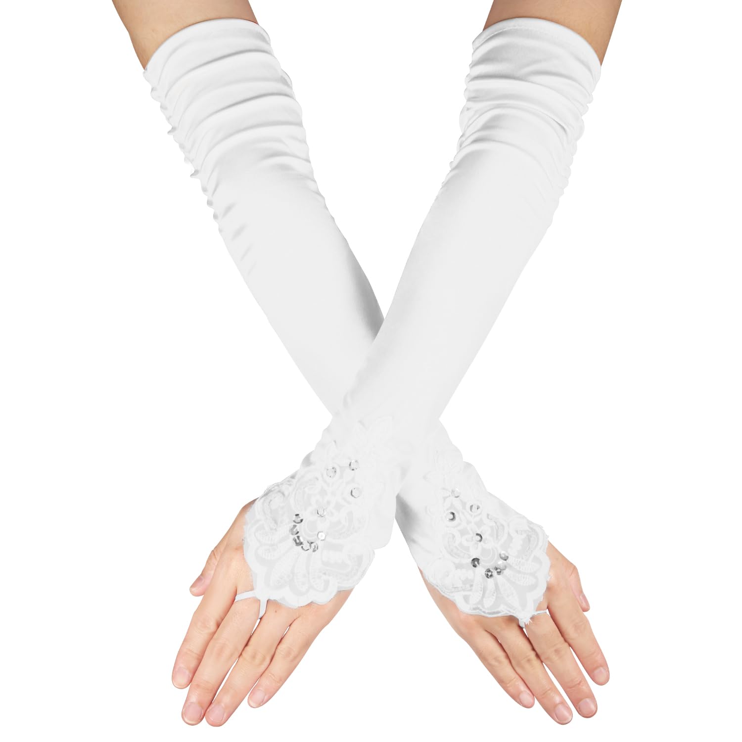Guantes de encaje sin dedos largos hasta el codo accesorios boda satén blanco 8