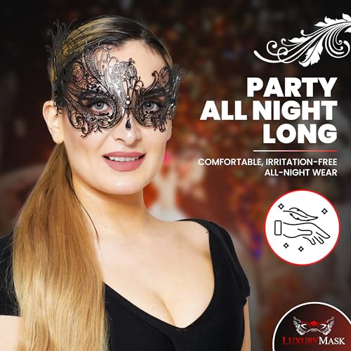 Image of Metal Filigree Masquerade Mask for Women - Swan Style Mask with Rhinestones for Mardi Gras, Prom, Halloween & Venetian Party