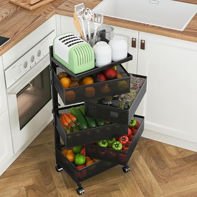 Rolling Rotating Storage Cart No Assembly Required£¬Bathroom Shelf Fruit and Vegetable Basket for Kitchen,Storage Drawer Organizer Cart £¬Metal Utility cart on Wheels(Black, 5 Tier-Square)-1qUq7UTv