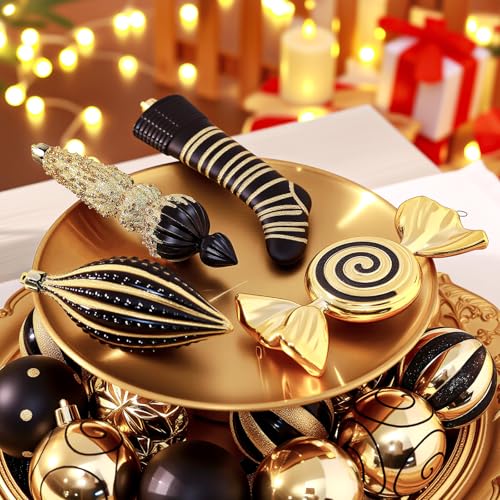 SHareconn 145pcs Christmas Balls Ornaments Set, Shatterproof Plastic Baubles Snowflakes, Xmas Tree Holiday Wedding Party Decorations with Hanging Strings, Gold and Black by SHareconn - Image 5