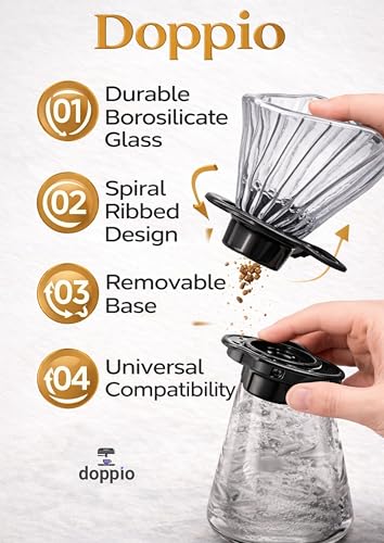 Image of DOPPIO Premium Glass Pour Over Coffee Dripper | Borosilicate V60 Style Filter | Spiral Ribbed Design | Removable Base | Reusable Manual Coffee Maker for Home & Office (Size 02, Black Handle)