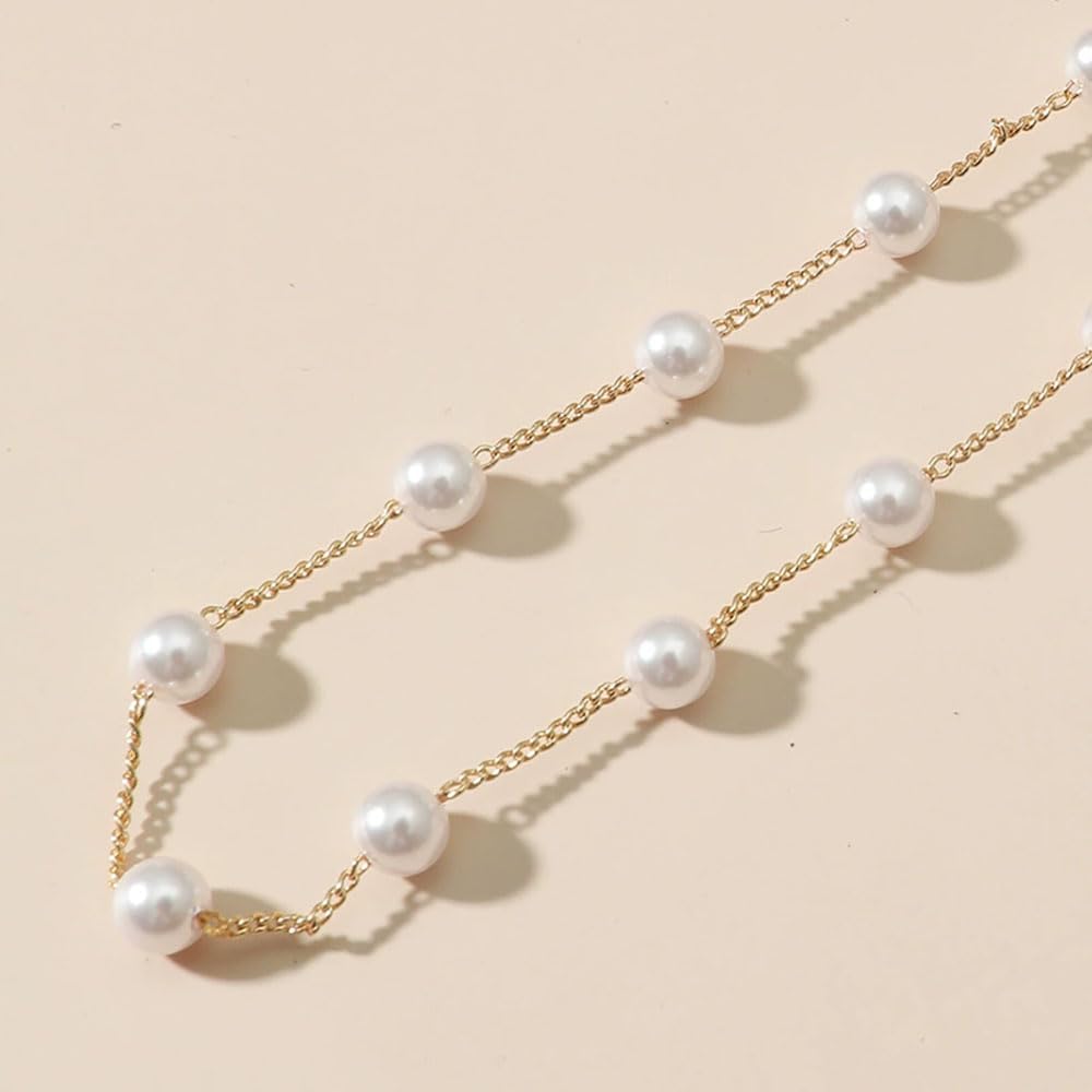 Gold Pearl Bracelets for Women Dainty 14K Gold Plated Pearls Beaded Chain Charm Bracelets Trendy Adjustable Layered Pearl Link Bracelet Simple Bridesmaid Jewelry for Women - Image 5