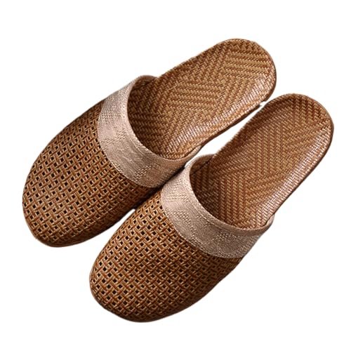 Slide Sandals for Women 2025 Comfortable Vine Grass Woven Slippers Closed Toe Home Slippers Anti Slip Grass Mat Sandals Bohemian Breathable Vacation Shoes