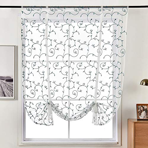 Vctops Boho Floral Embroidered Window Curtains Tie Up Shade Semi Sheer Rod Pocket Roman Drapes For Small Kitchen Living Room Bedroom Window,1 Panel (31" X 47",Blue) #TOP10