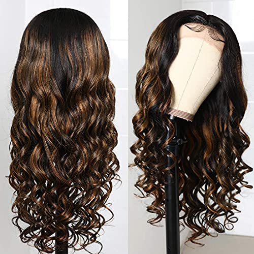 Unice Highlight Wavy T Part Lace Front Human Hair Wigs For Women Brazilian Virgin Hair Ombre Balayage Brown Body Wave Frontal Wig Middle Part Pre Plucked With Baby Hair Fb30 Color 150% Density 14 Inch #TOP4