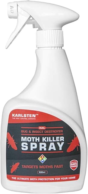 Karlsten Pest Control moth Killer Spray Fast Acting Elimination of moths/carpet moths kills on contact Specifically Formulated For Use On Moths 500ML White or Black Trigger Included