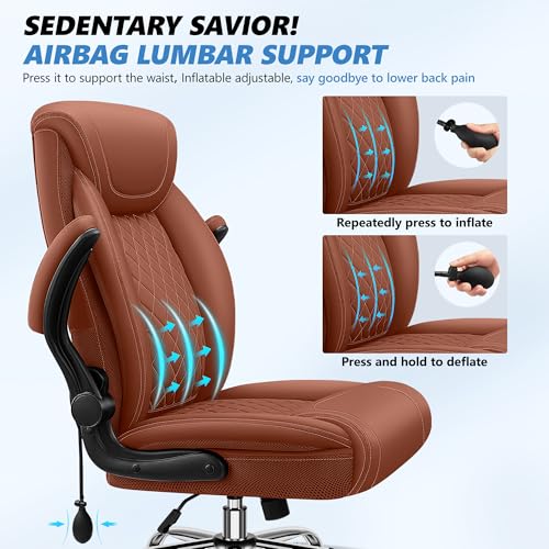 Image of BestGlory Executive Office Chair with Lumbar Support, Big and Tall Ergonomic Computer Desk Chair, Leather Comfy High Back Gaming Chair with Flip Up Arms & Rocking Function for Home Office, Brown