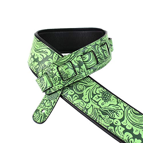 Walker And Williams G-977 Sangle en mousse légère avec motif floral en relief et gant rembourré à l’arrière en cuir Vert - Les Beatles, Paul McCartney, John Lennon, RIngo Starr, George Harrison Walker And Williams G-977 Sangle en mousse légère avec motif floral en relief et gant rembourré à l'arrière en cuir Vert – Image 3