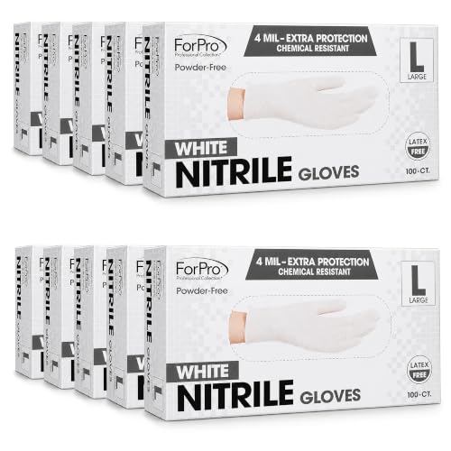 Image of ForPro Disposable Nitrile Gloves, Chemical Resistant, Powder-Free, Latex-Free, Non-Sterile, Food Safe, 4 Mil, White, Large, 1000-Count