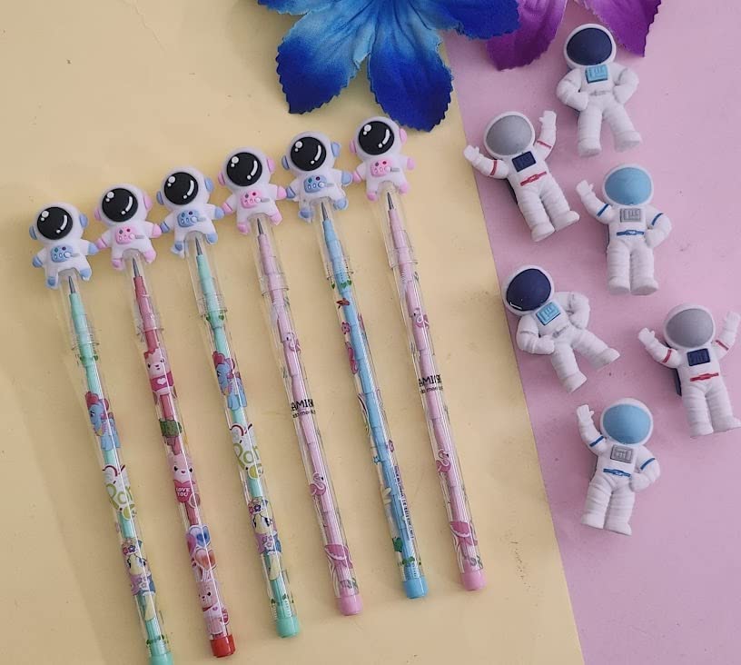 TERA Space Theme Pencil Set for Kids - 6 Pencil, 6 Eraser, School Stationary, Return Gifts