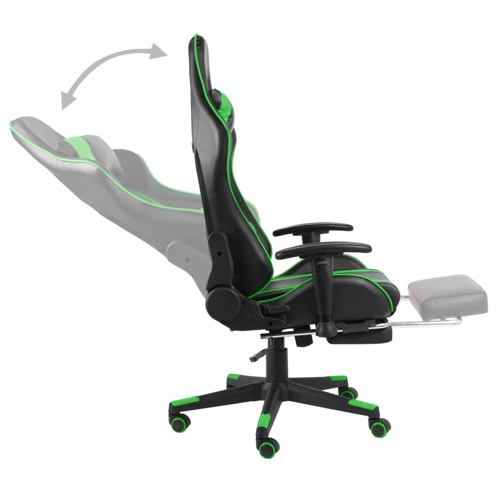 Silla de gaming con reposapiés y ruedas, ergonómica, ajustable, con cojín cervical y lumbar, giratorio para oficina, oficina en casa, jugar, PC, juegos y habitación juvenil en color verde PVC