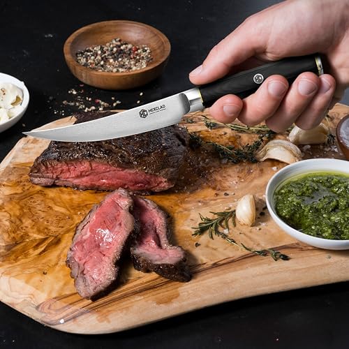 Image of HexClad 4 Pc Master Series Damascus Steel Steak Knife Set, Full Hybrid Tang | Faux Ebony Hexagonal Handle
