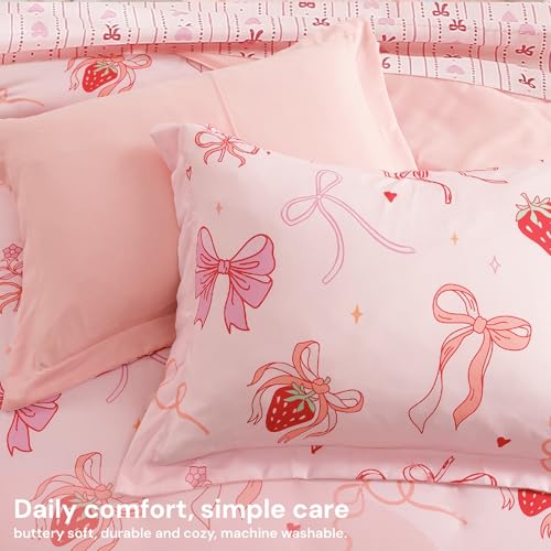 Image of BLOOMHAVEN Full Size Comforter Sets for Girls, 7 Pieces Pink Bedding Set with Strawberry Bow, All Seasons Kids Bed in a Bag with Sheets, Pillowcases & Shams