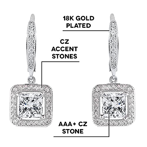 Cate & Chloe Ivy 18K White Gold Dangle Earrings | Princess Cut Cubic Zirconia Earrings, Women's Drop & Dangle Earrings, Halo Silver Earring Set, Hypoallergenic Earrings Fashion Jewelry #TOP1