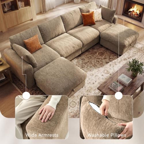Image of Ihanherry 141 inch Oversized Cloud Sectional Couches for Living Room, Modular Sectional Sofa with Wide Deep Seat, U Shaped Couch with Throw Pillow and Storage Ottoman, Brown