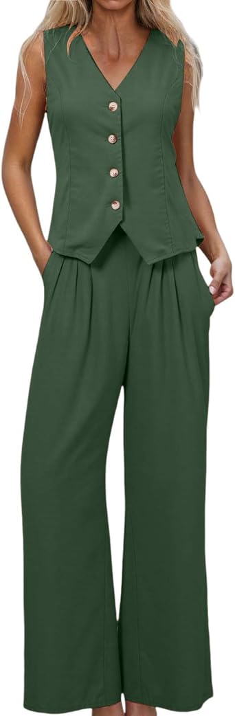 JiXiang Two Piece Vest and Pants Set Women Linen Button Front Cropped Tank Tops Waistcoat Dressy Casual Wide Leg Pants Suits