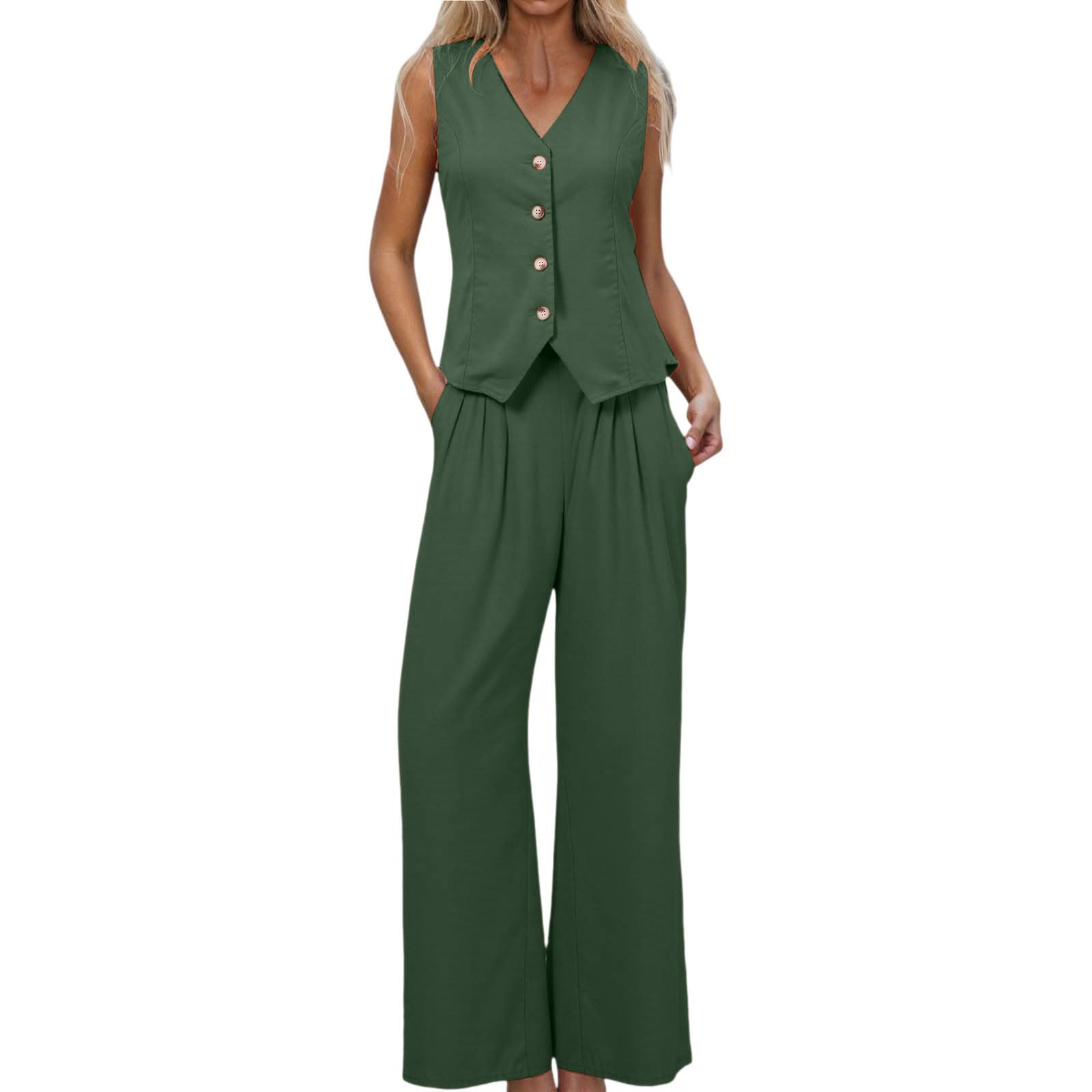 Tailleur Femme Ensemble Pantalon - 2 Pièces Gilet et Pantalon avec Col en V sans Manches à Jambe Large Costume D'été Assorti Ensemble d'affaires Tailleur