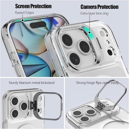 Image of keeshar Clearshield Magpro with stand iPhone 17 Pro, Hybrid PC & TPU Shockproof Design, 360 Degree Protection Crystal Clear Case, Anti-Scratch Armor Cover MagSafe Compatible Strong Magnetic Adsorption