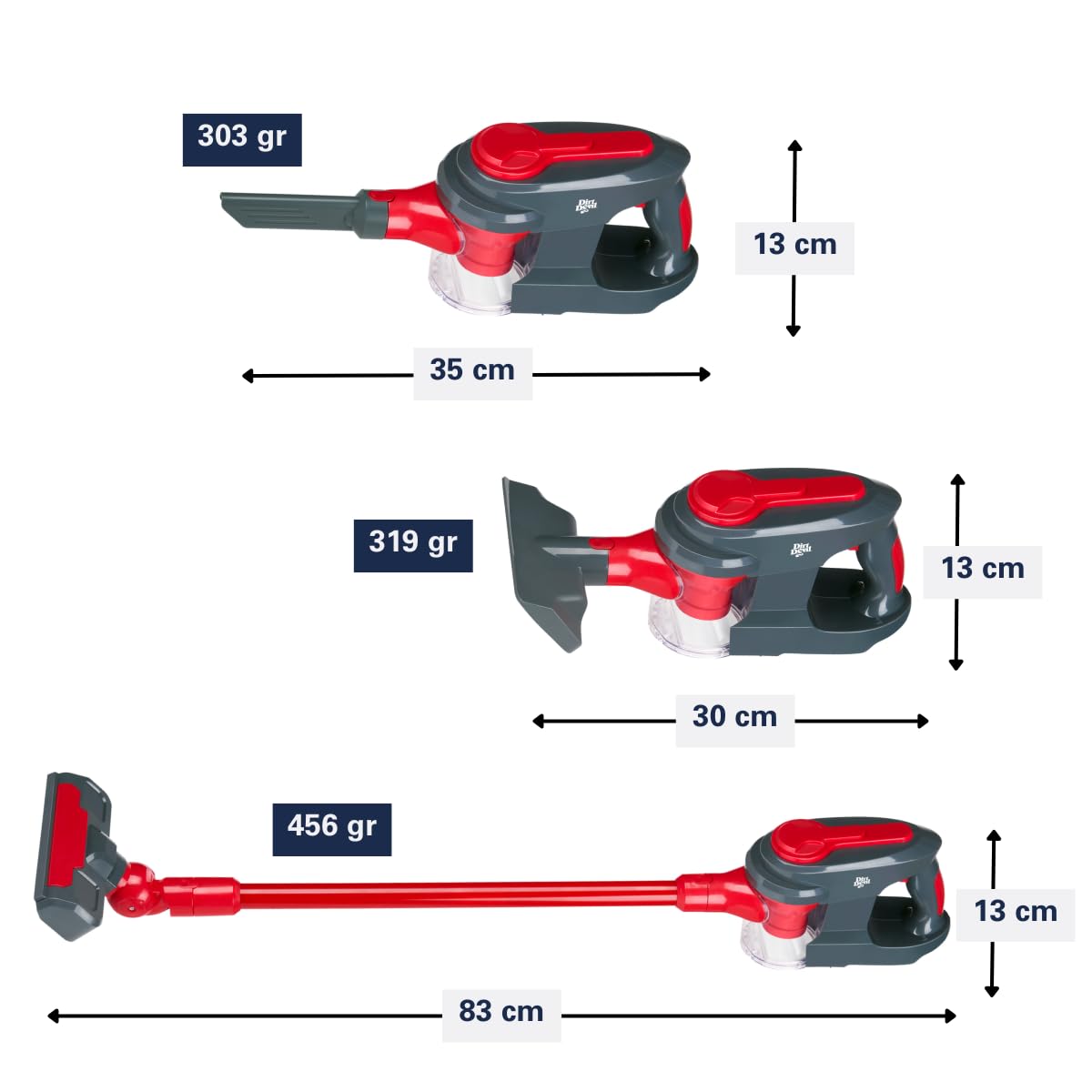 Dirt Devil Spielzeug Staubsauger 3-in-1 - Kinderstaubsauger mit 2 Aufsätzen - Funktionierende Saugfunktion und Realistische Geräusche - Für Jungen und Mädchen ab 3 Jahre - Kinderspielzeug - Rot/Grau