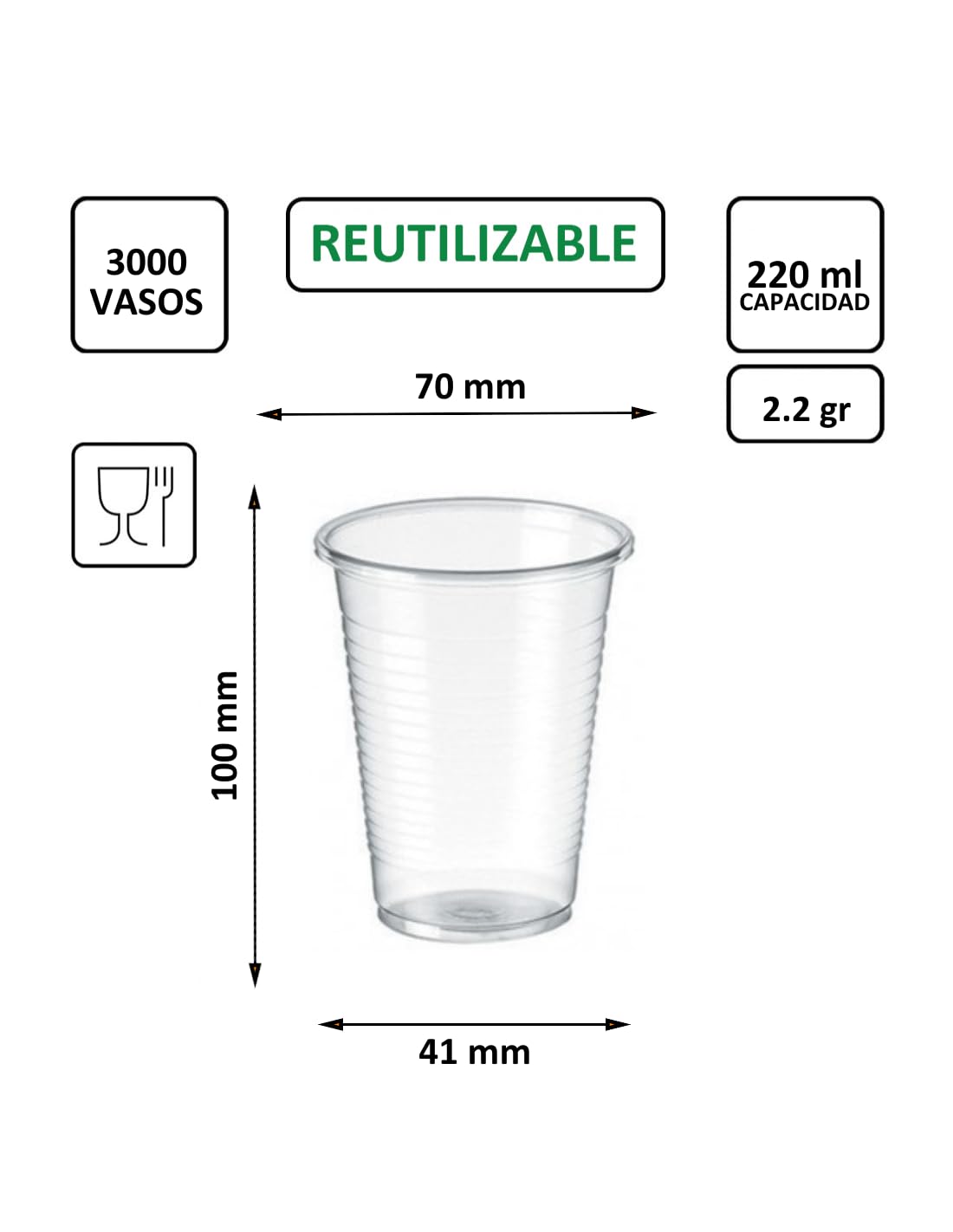 3000 uds - Vasos de color transparente, de polipropileno (PP) - Capacidad de 220 ml - reciclables - Ideal para bebidas frías como agua, refresco, zumos, té helado