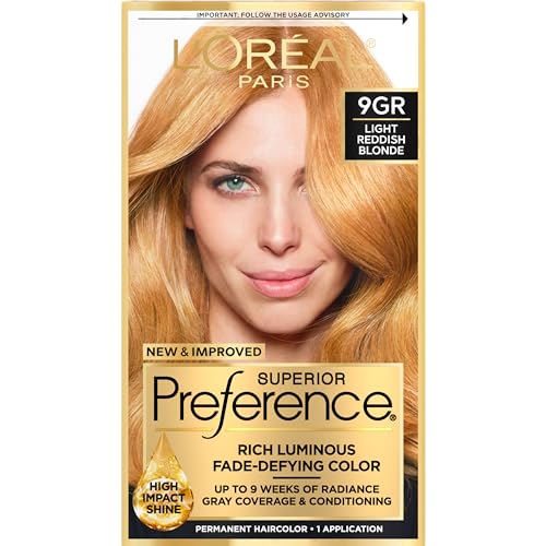 L’Oreal Paris Superior Preference Luminous Fade-Defying Permanent Hair Color, Hair Dye For Up to 9 Weeks of Radiance, Golden Reddish Blonde 9GR, 1 Hair Dye Kit
