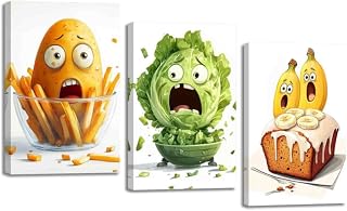 ZSHDEYMTOP Funny Kitchen Canvas Wall Art 3 Pieces Potato Cabbage Banana Pictures Prints Fruits and Vegetables Painting Farmhouse Food Poster for Dining Room Decor (11" x 14" x 3PCS)
