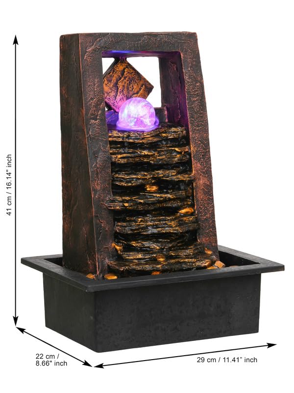 Image of Polyresin Golden Brown Table Top Indoor Waterfall Fountain for Home Decor with Yellow LED, Speed Controller Pump & Crystal Ball (Size: 40.5 x 29.5 x 22CM | Weight: 2240grm)