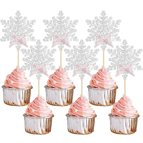 Gyufise 24Pcs Snowflake Cupcake Toppers with Pink Bow Glitter Snowflake Cupcake Picks Decorations for Snowflake Christmas Theme Baby Shower Kids Girls Birthday Party Supplies