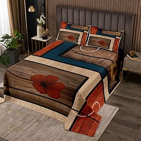 Loussiesd Jahrgang Holz Bettüberwurf Geometrie Tagesdeck 170x210cm Für Kinder Kinder Jugendliche Rustikaler Bauernhaus Stil Steppdecke Geometrisch Schlafzimmer Deko 2St Cover