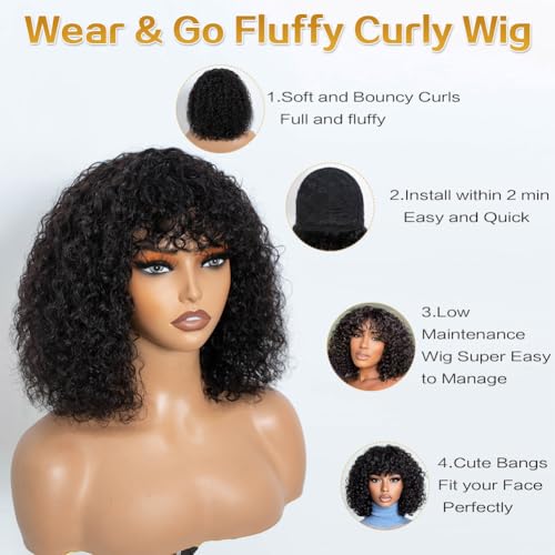 JOEDIR HAIR Fluffy Wig Human Hair Wigs for Black Women Wear and Go Afro Curly Bob Wig with Bangs 12 Inches Water Wave Glueless Wigs 250% Density (1B / Black) — view 2