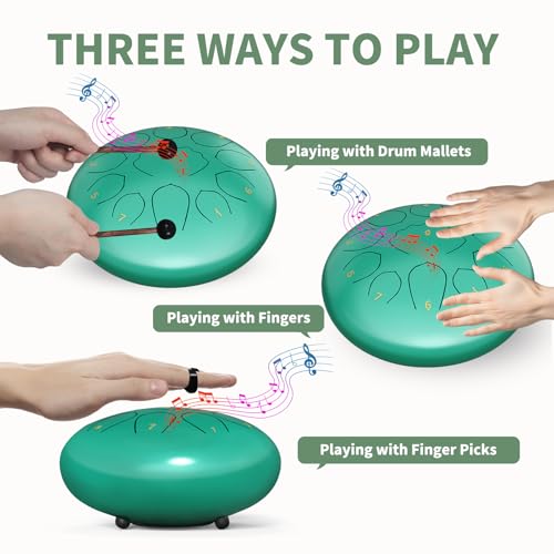 8 Inch Steel Tongue Drum 11 Notes A Major Handpan Drum Portable Rain Drum Outdoor Percussion Instrument with Mallets Finger Picks Carry Bag Music Book Beginner Yoga Meditation Gift