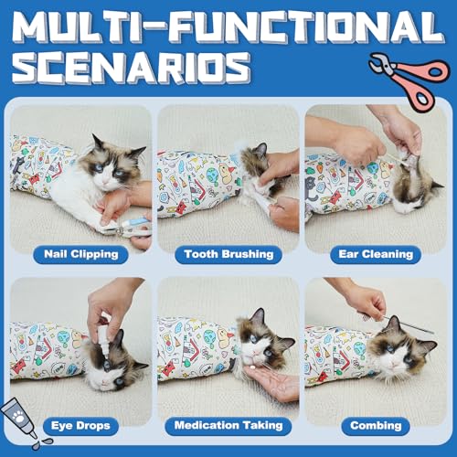Image of Supet Cat Grooming Wrap for Cutting Nails, 2026 Self-Adherent Cat Wrap, Anti-Escape Calming Cat Swaddle Wrap for Medicine, Nail Clipping, Teeth Brushing, Ear Cleaning (Cartoon, L)