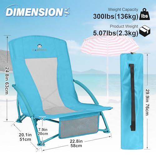 Low Beach Chairs 2 Pack,Folding Compact Low Seat Chairs for Adults w/Mesh Back,Cup Holder & Storage Bag,Heavy Duty Chair for Outdoor Sand,Travel,Camping,Picnic,Blue by CAMPHILL - Used condition - Image 2