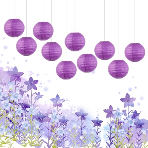 Image of Purple Chinese Paper Lanterns with LED Lights, 10-Pack 10inch | Hanging Lights for Mardi Gras, Graduation, Birthday Decorations, Ceiling Decor, Home Party & Baby Shower