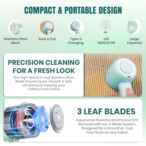 Image of VGR V-813 Professional Lint Remover for Clothes, Rechargeable Fabric Shaver with Stainless Steel Blades, USB Type-C Charging, Powerful Fuzz Remover for Sweater, Wool, Blanket & Furniture, Pastal Green