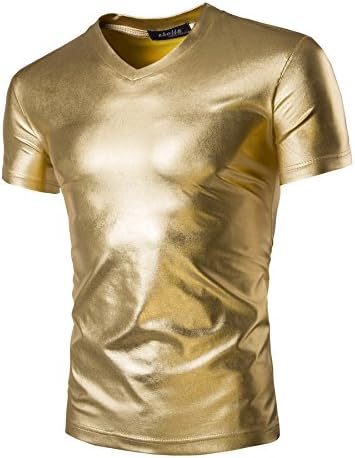Men's T Shirt V Neck Metallic Shiny Slim Fit Short Sleeve Pullover Nightclub Wear Summer Fashion