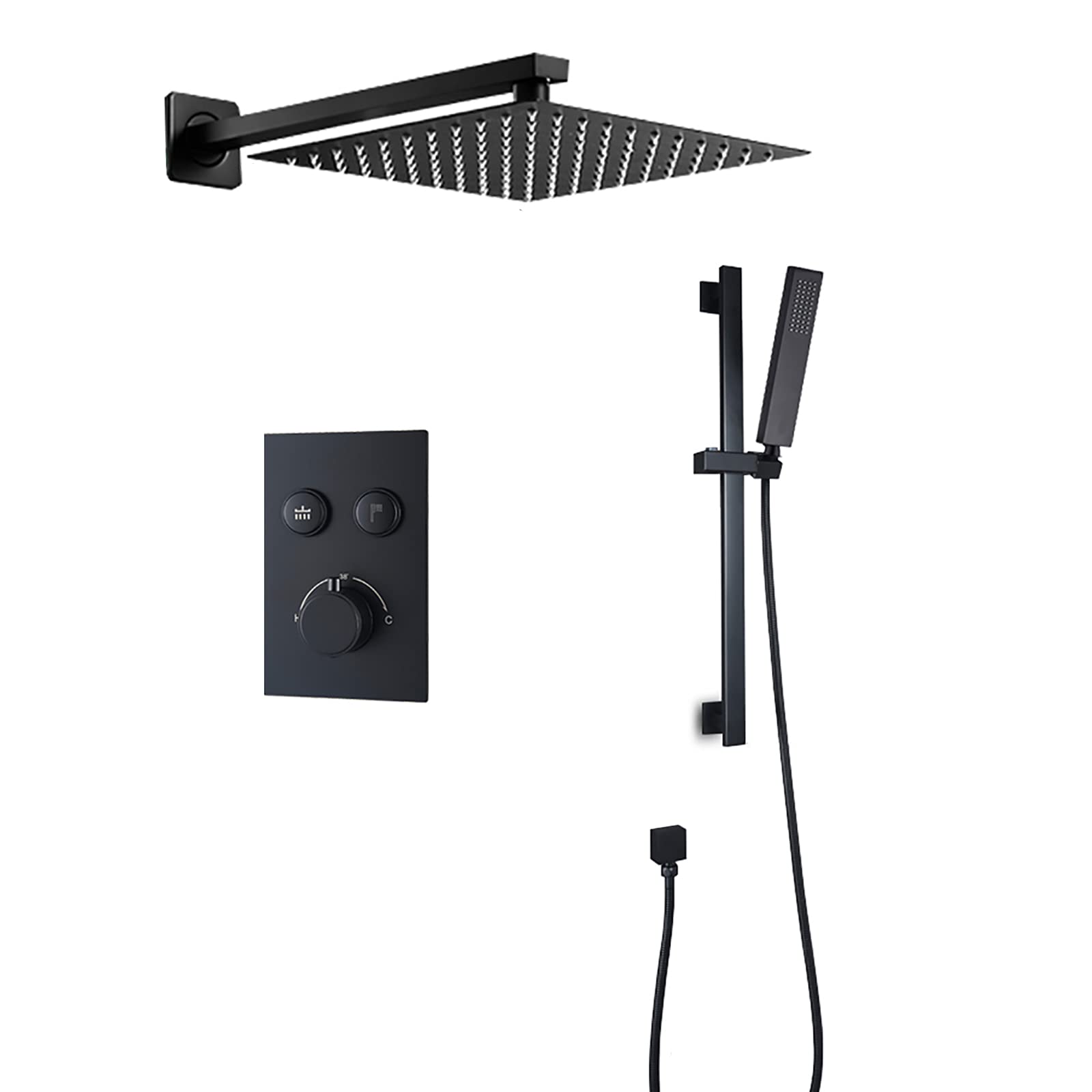 Sistema Doccia a Pioggia, Set Rubinetto termostatico Nero, Miscelatore Combinato in Ottone a Parete con Testa Quadrata, doccetta, Asta di Sollevamento, 16 Pollici (8 Pollici)