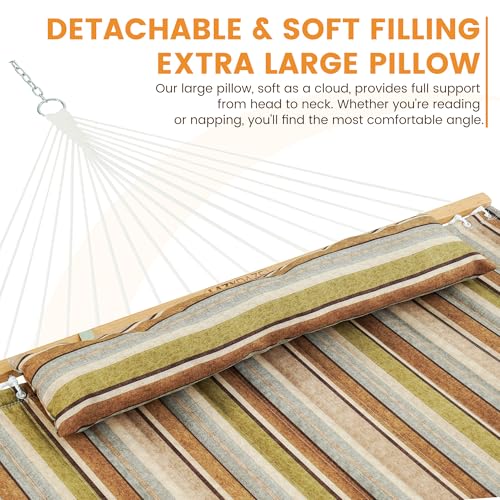 Image of Lazy Daze Double Quilted Hammock with Pillow and Carabiners, Brown Stripe | 12FT 2 Person Outdoor Hammock with Hardwood Spreader Bars and Chains for Outside, 450lbs Weight Capacity