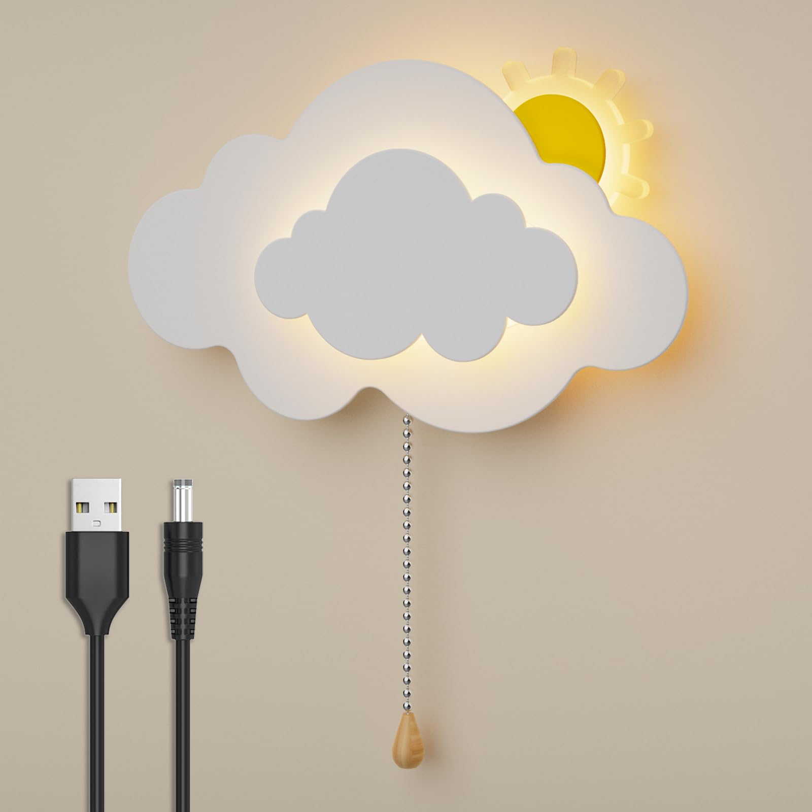 DROMEZ Aplique de Pared Interior LED Nubes, Lampara de Pared sin Cable Recargable con Interruptor, 3 Modos de Color, Infantil Luz Pared Moderna Nube para Dormitorio Sala de Estar Lectura, Blanco