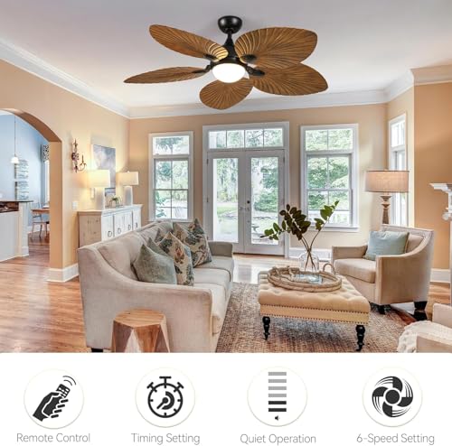 DWVO 52" Indoor Ceiling Fan with Light Kit & Remote - Tropical Palm Leaf Blades, Reversible Quiet DC Motor, 6-Speed Settings for Bedroom, Living Room, Dining Room