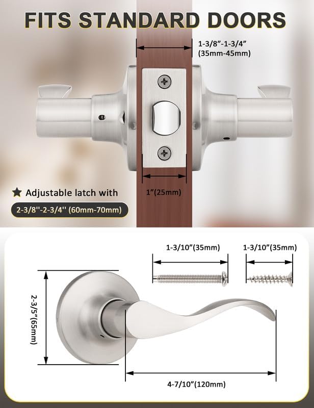 Image of Mengico 5 Pack Satin Nickel Modern Interior Passage Door Knobs, Keyless Door Handle for Hallway & Closet, Wave Style Non-Locking Door Lever Reversible for Left & Right Handed