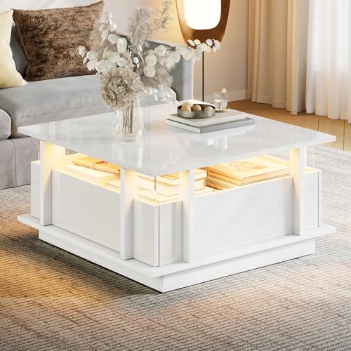 Yihomfy Table Basse,Table Salon Basse,Table Basse Carrée 70x70x35 cm - Table Basses Moderne avec Éclairage LED Multicolore, 2 Tiroirs de Rangement et...