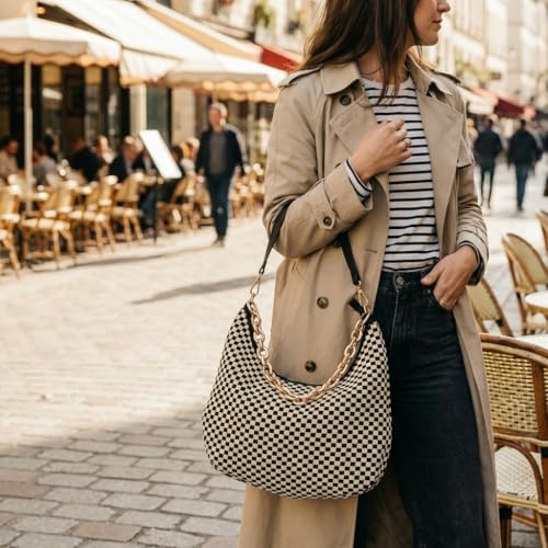 Bolso bandolera para mujer, bolso tote de cuero tejido con cadena metálica miniatura 6