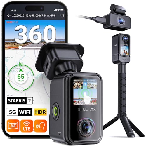Vantrue E360 Panoramic 2 Channel Dash Cam, 360 Degrees, Dual STARVIS 2, Front Fisheye + Inside Fisheye, Dual IR Night Vision, Action Camera, Voice Control, Touchscreen, GPS, Parking Mode, Su