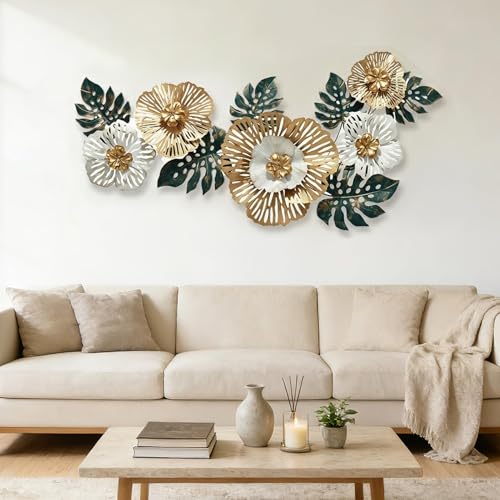 YKANYN Metal Wall Art Decor for Living Room, 54" Large 3D Flower Leaf Wall Decoration, Modern Handcrafted Iron Floral Sculpture for Bedroom Office Entryway, Gold and Green Nature Inspired Theme