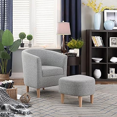 Marketero Tub Chairs Armchair and Footstool, Single Cuddle Sofa Living Room Accent Bucket Chair with Upholstered Occasional Lounge Arm Chairs for Reception Bedroom Reading Small Spaces Grey Cover