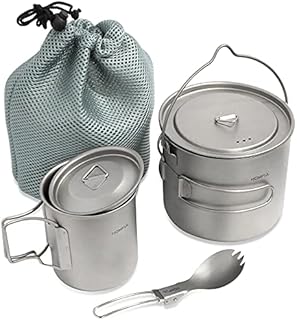 HOMFUL Camping Cookware Titanium Cooking Set,1100ML 420ML Camping Pots Cup Mug,Titanium Spork with Mesh Bag for Backpacking Hiking Picnic