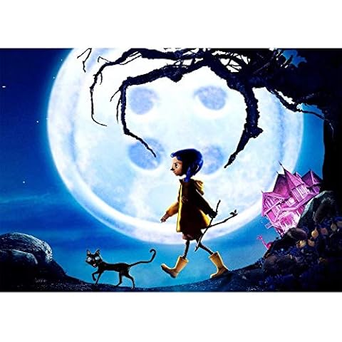 Cartoon Movie Photo Background Halloween 7x5 Bright Moon Coraline Backdrop Pink Palace for Girls Halloween Birthday Party Decor Black Cat Wooden Branch Studio Backdrops Cover